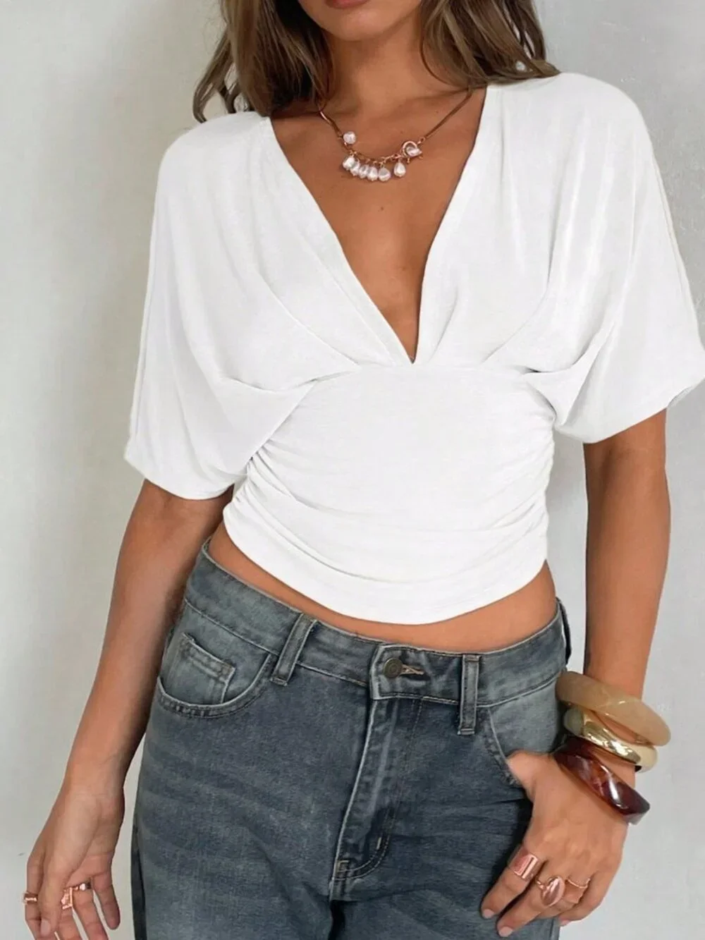 White Casual Women's Deep V Ruched Short Sleeve Tight Fitted T-Shirt